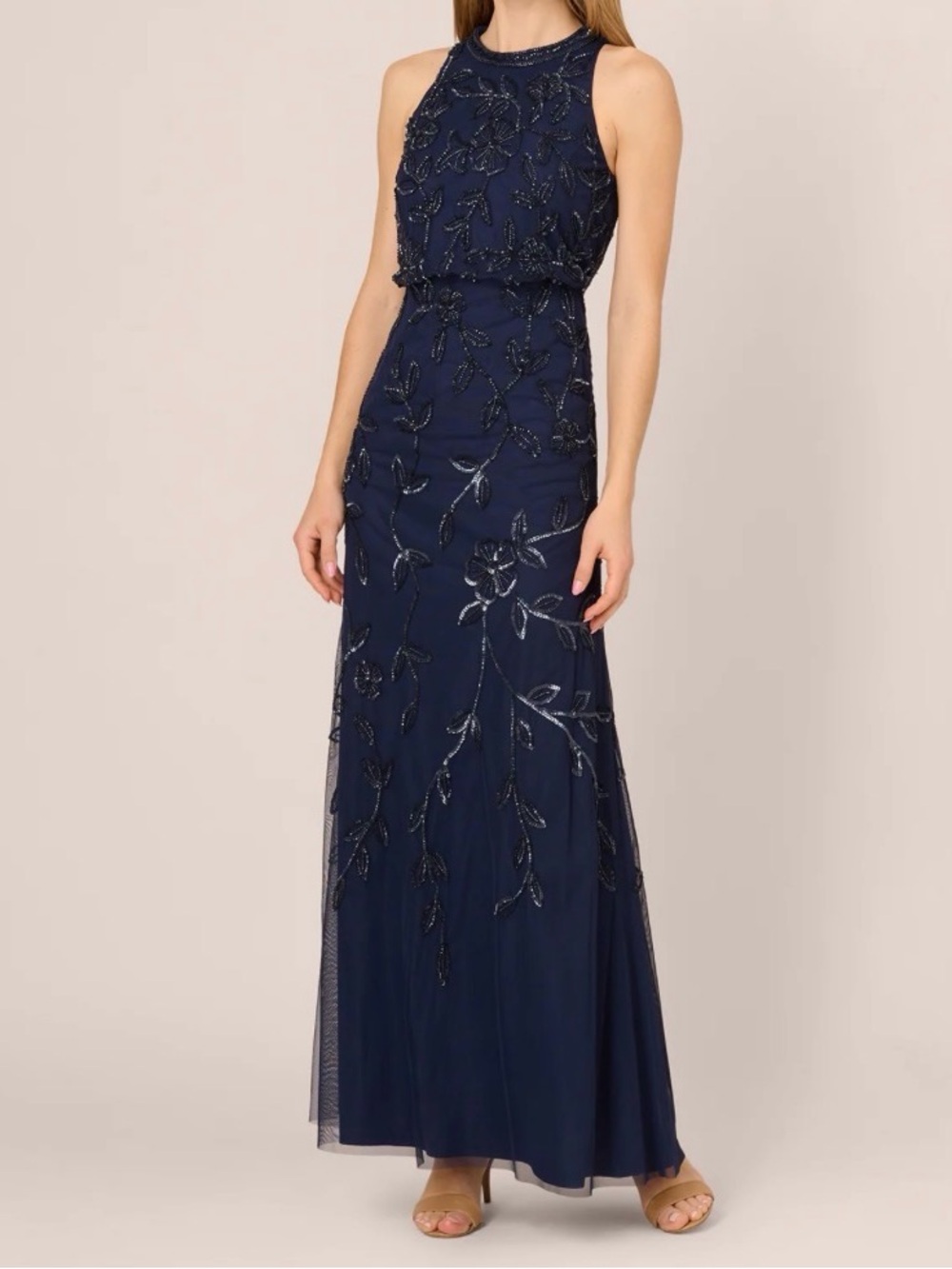 Adrianna Papell Navy Beaded Halter Maxi Gown